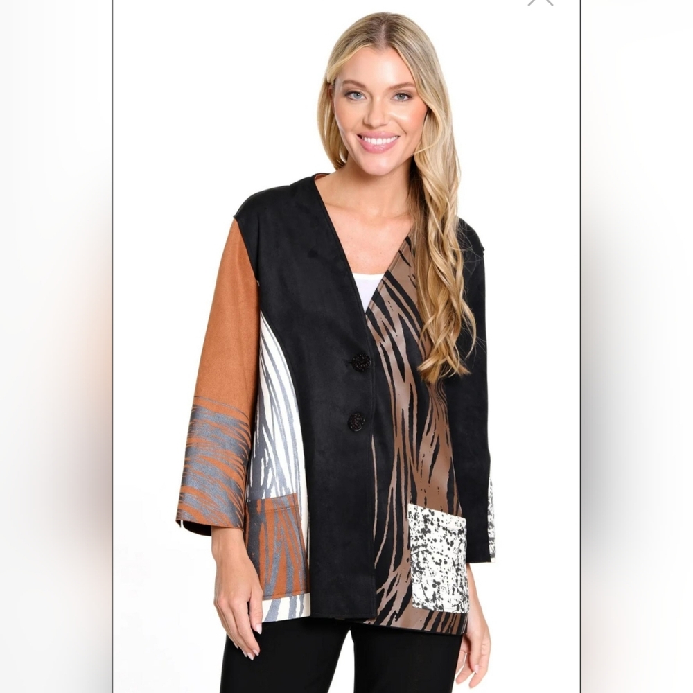 Ali Miles Knit Faux Suede Printed Jacket Size Large Patch Pockets Button Boho